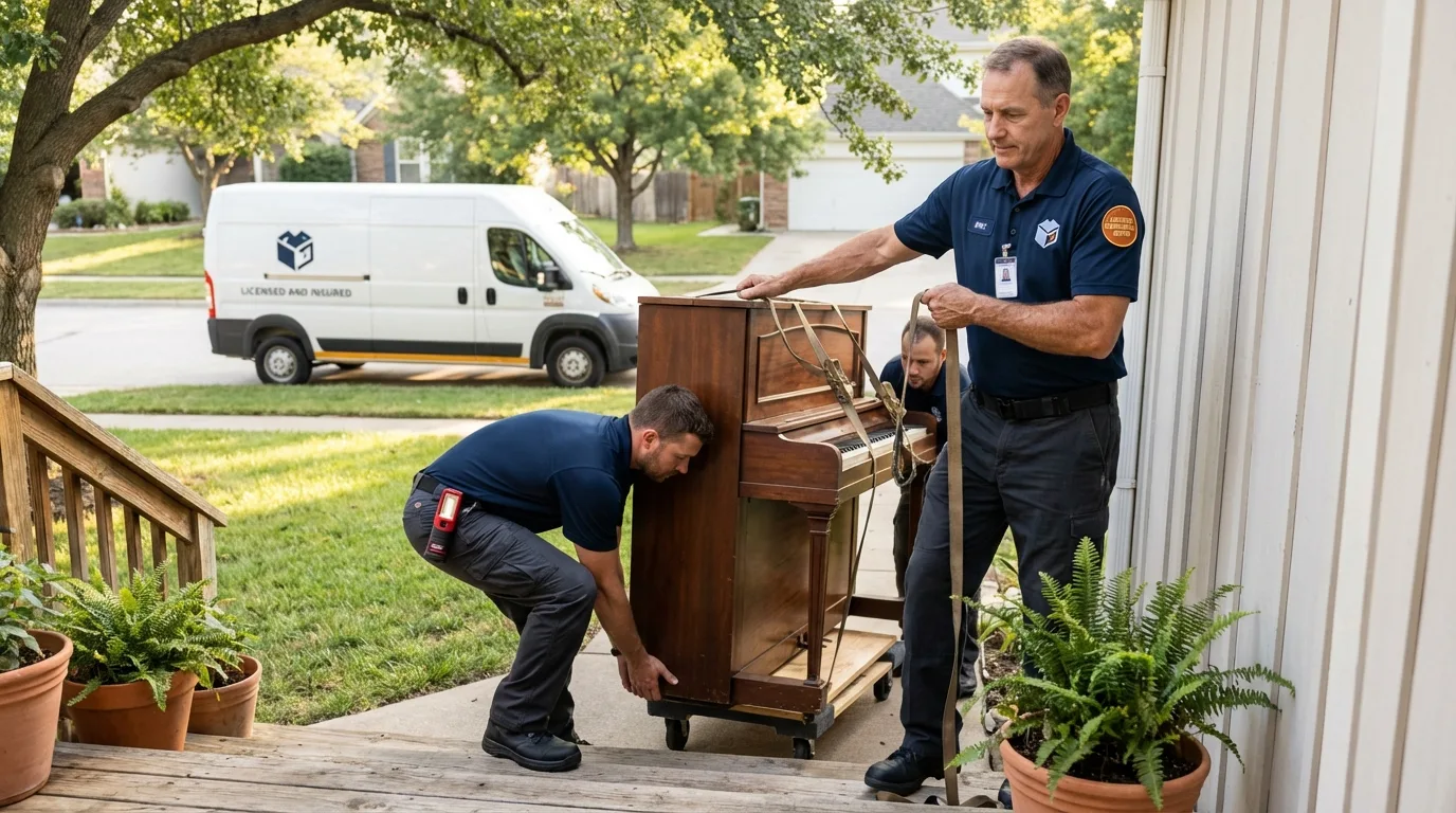 Licensed piano movers securing grand piano in Baraga, MI