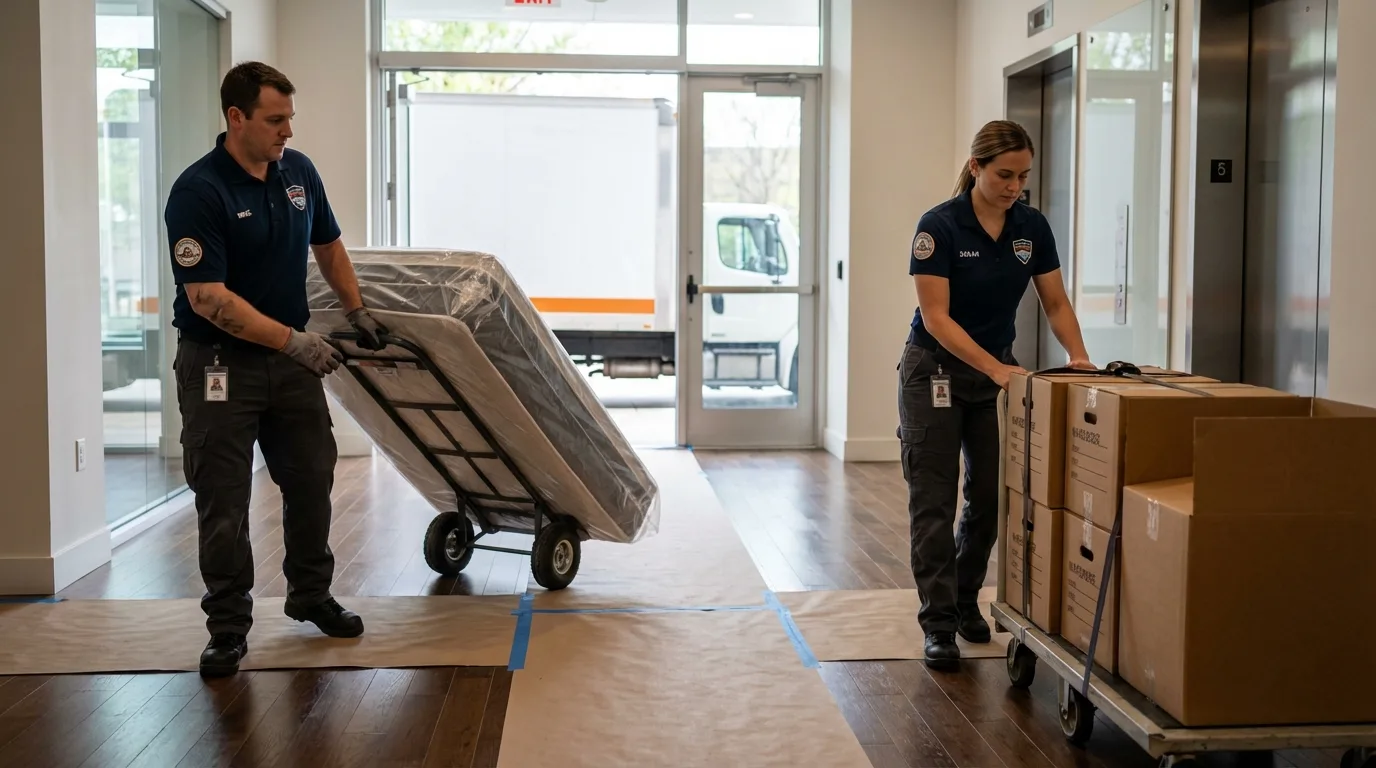 Professional apartment movers loading elevator in Baraga, MI